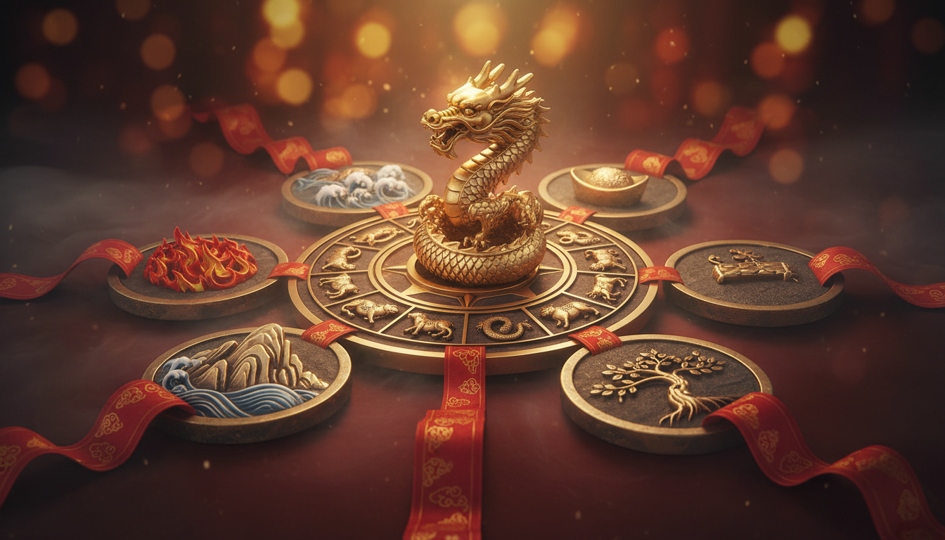 Ornate Chinese zodiac compass surrounded by five elements symbols (fire water earth metal wood), red