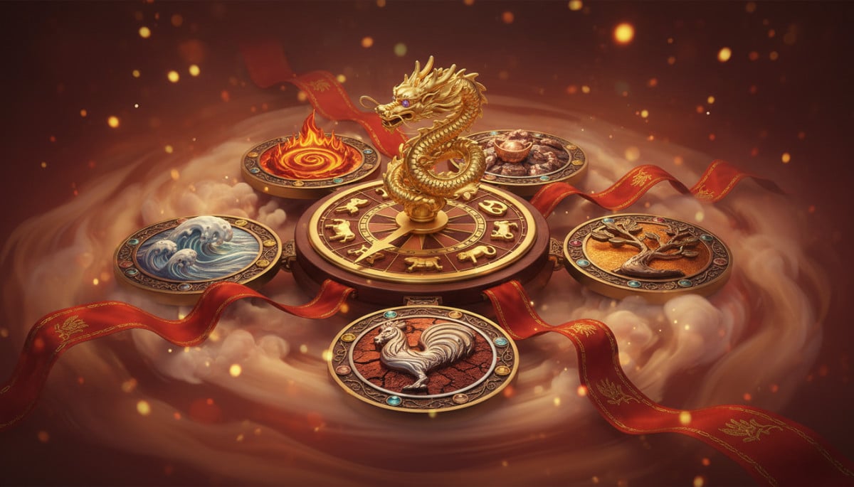Ornate Chinese zodiac compass surrounded by five elements symbols (fire water earth metal wood), red