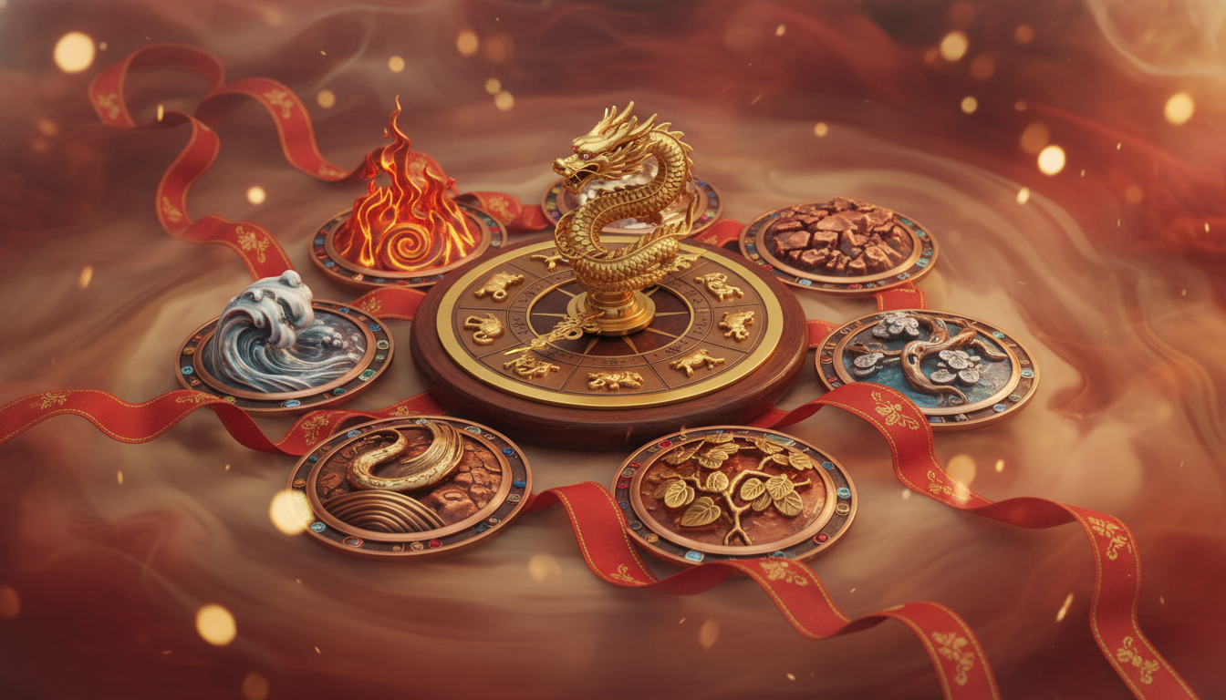 Ornate Chinese zodiac compass surrounded by five elements symbols (fire water earth metal wood), red