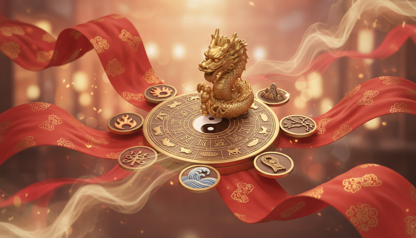 Ornate Chinese zodiac compass surrounded by five elements symbols (fire water earth metal wood), red