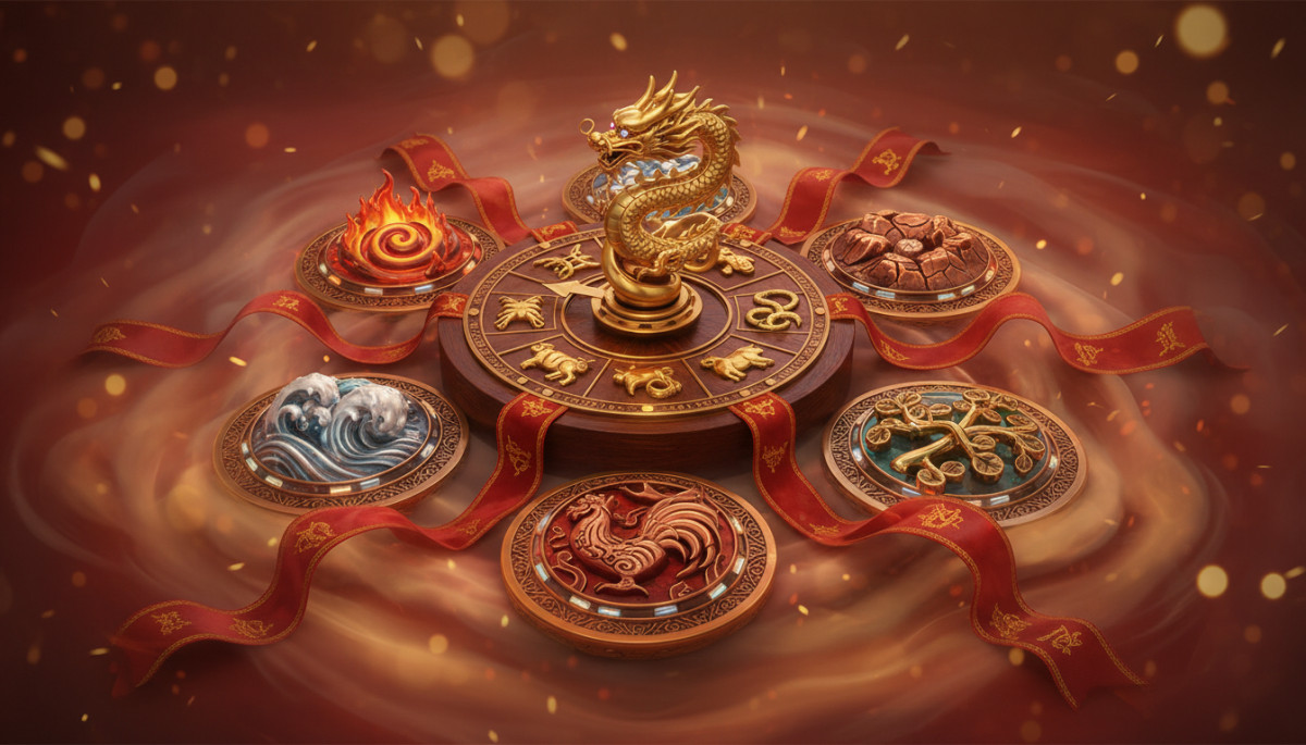 Ornate Chinese zodiac compass surrounded by five elements symbols (fire water earth metal wood), red