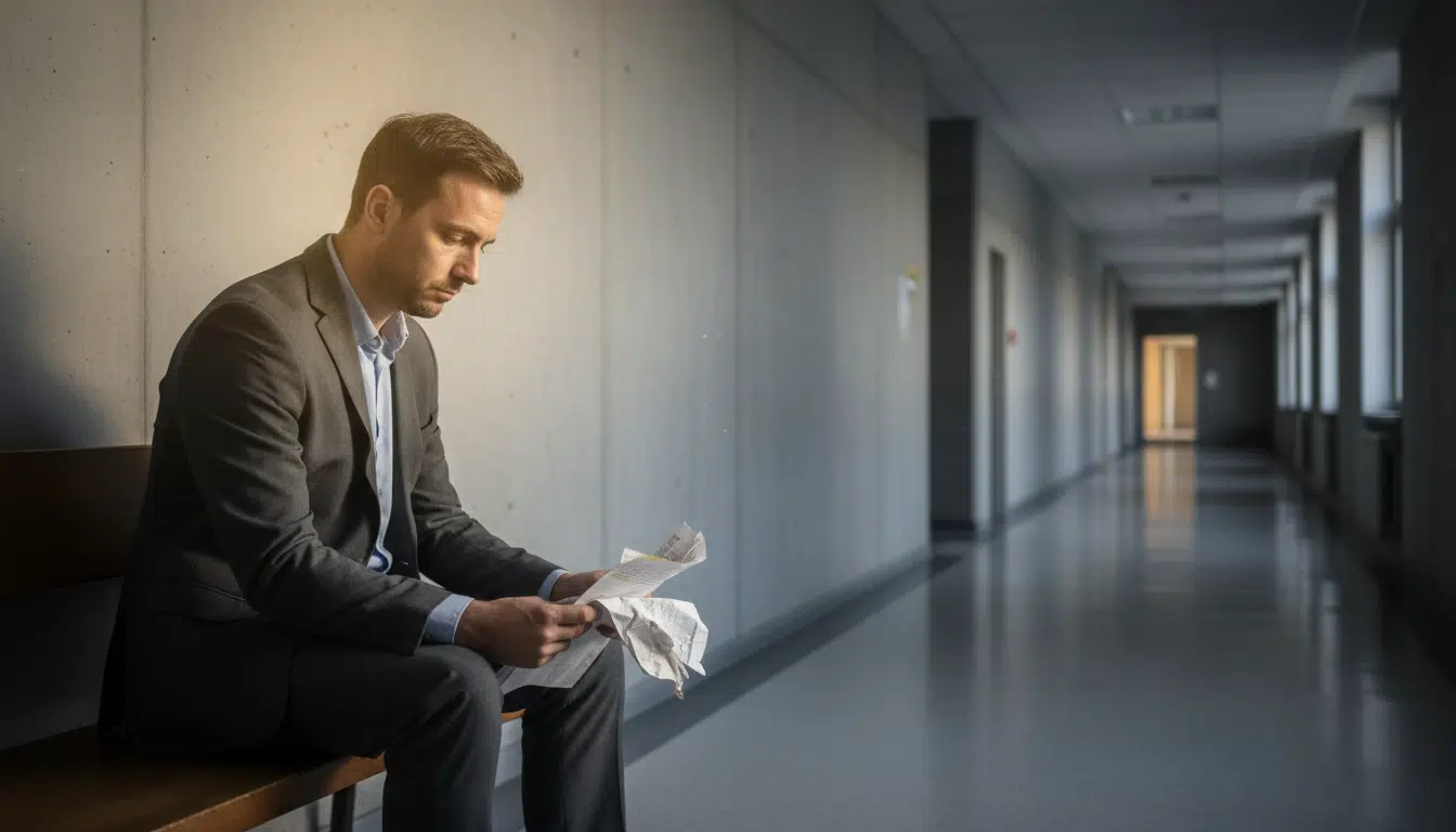 Benjamin Brière épuisé dans un couloir administratif avec des documents