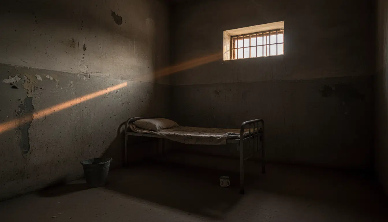Cellule de prison iranienne sombre avec une fenêtre à barreaux