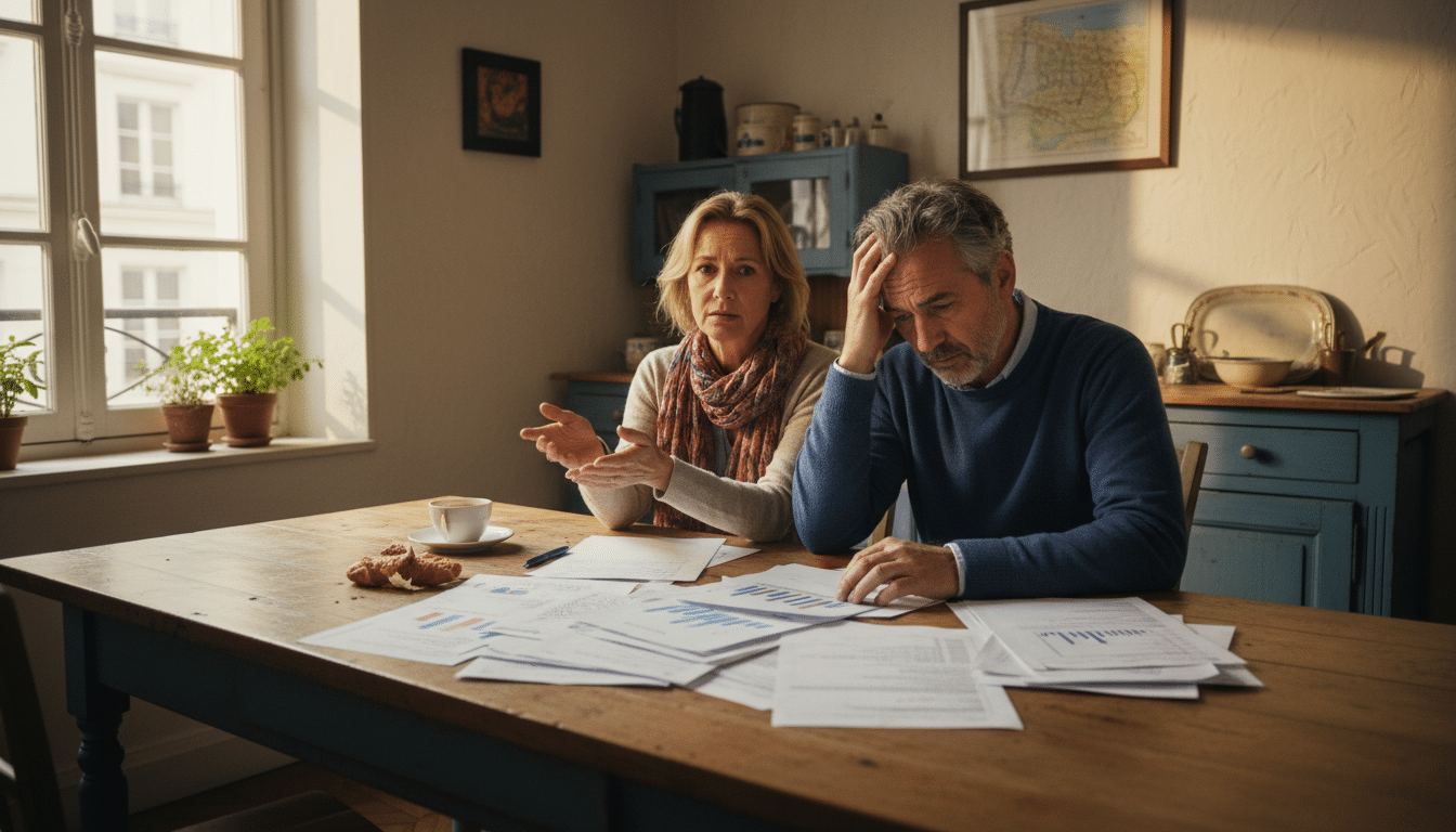 Couple inquiet examinant des documents financiers à table