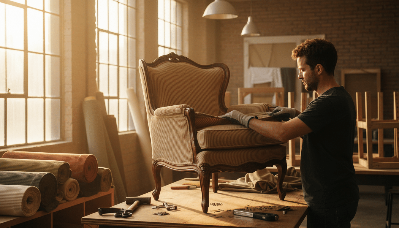 Fauteuil chiné en cours de retapissage avec du velours côtelé