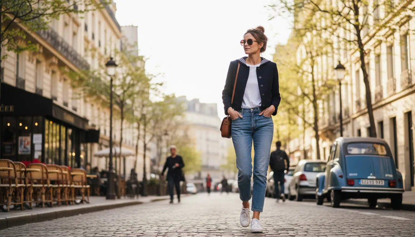 Femme portant une veste col marin dans une rue parisienne