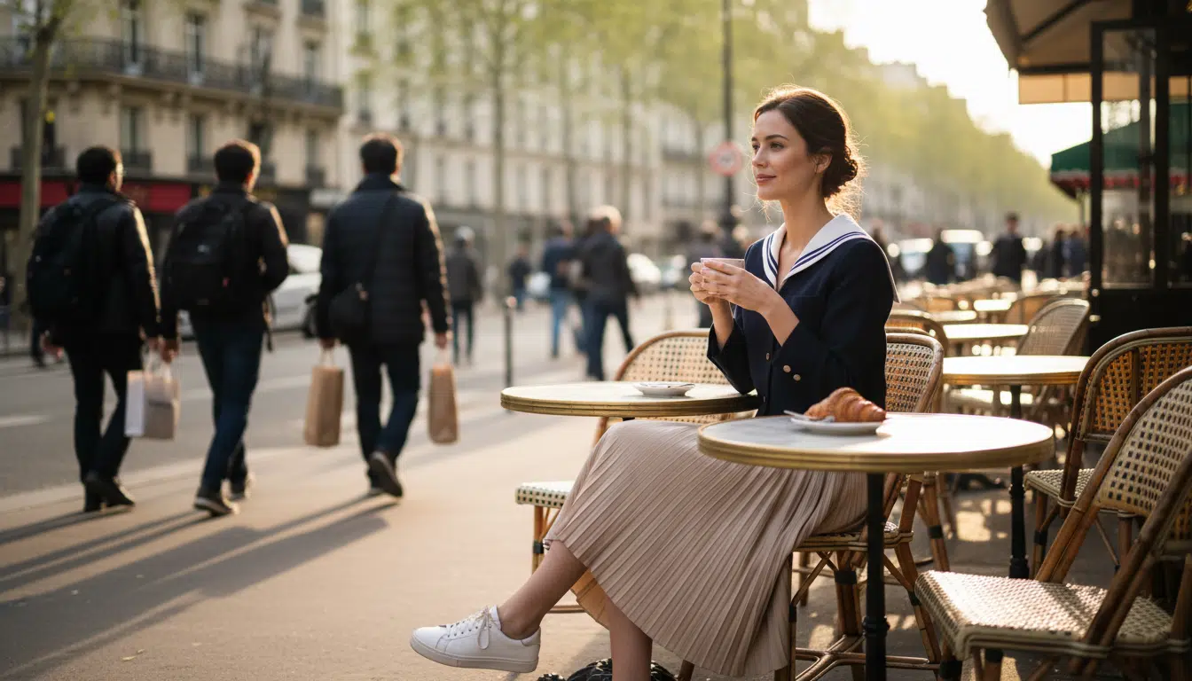 Look printemps avec veste col marin en terrasse de café