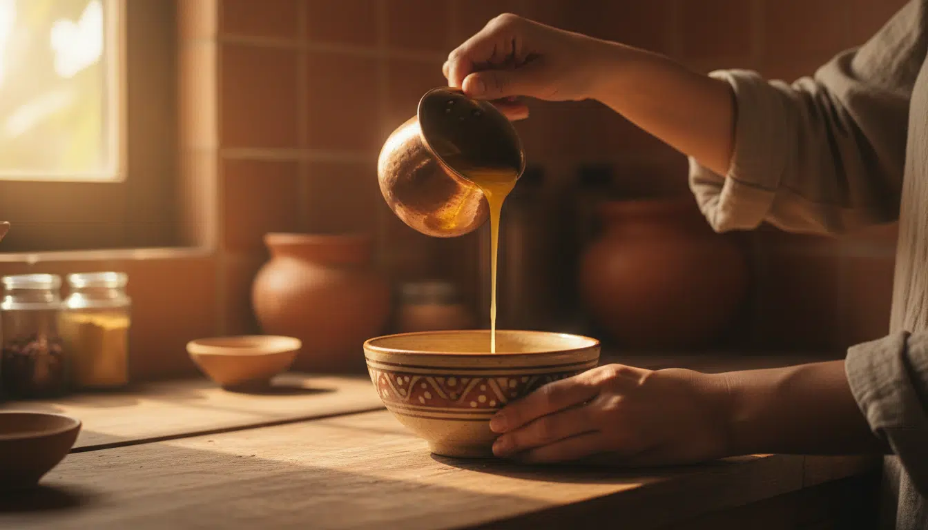 Ghee doré versé dans un bol en cuisine