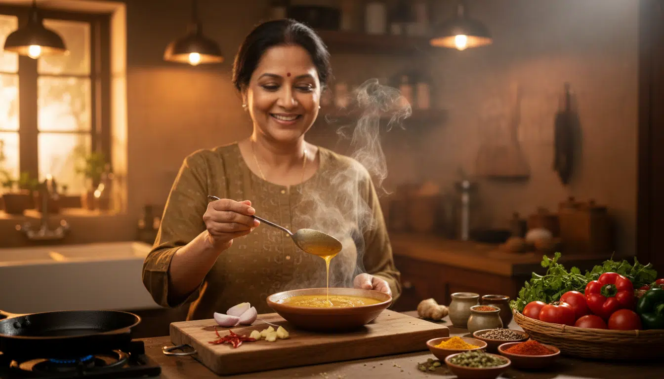 Femme ajoutant du ghee dans un bol de dal