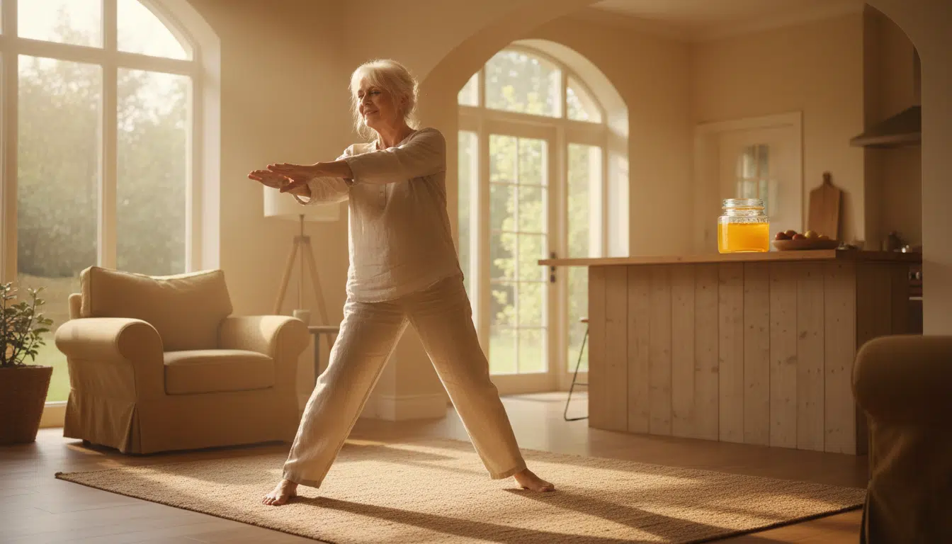 Personne âgée s'étirant avec pot de ghee en arrière-plan