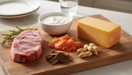 Planche d'aliments riches en protéines comparés au steak