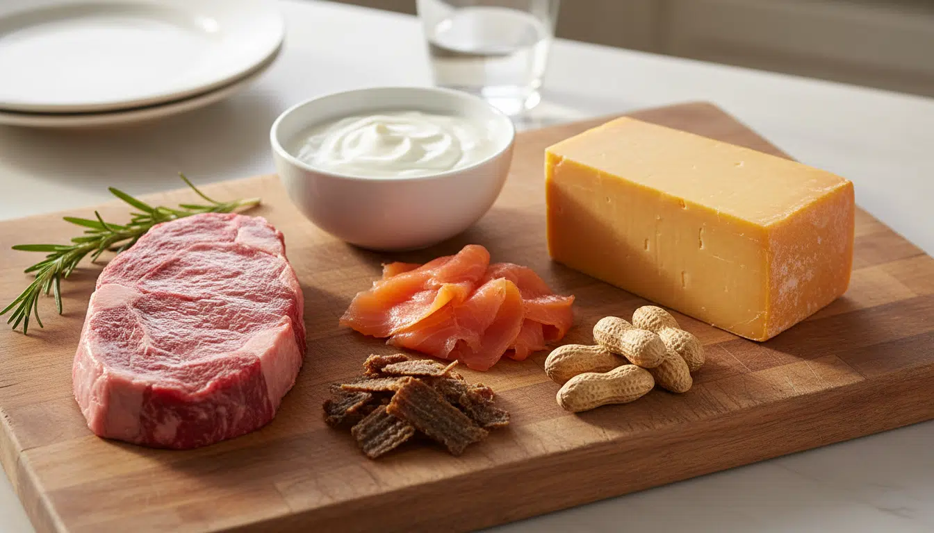 Planche d'aliments riches en protéines comparés au steak