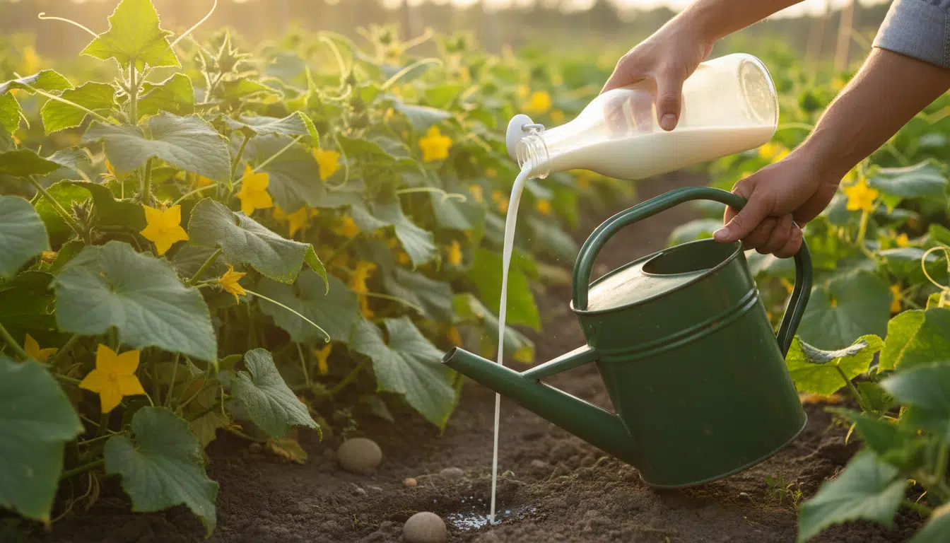 Main versant du lait dans un arrosoir au potager