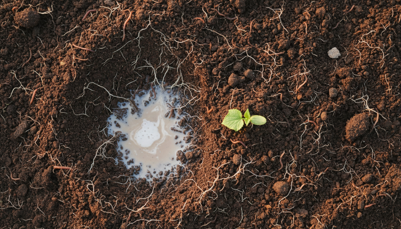 Sol de jardin absorbant une solution de lait dilué