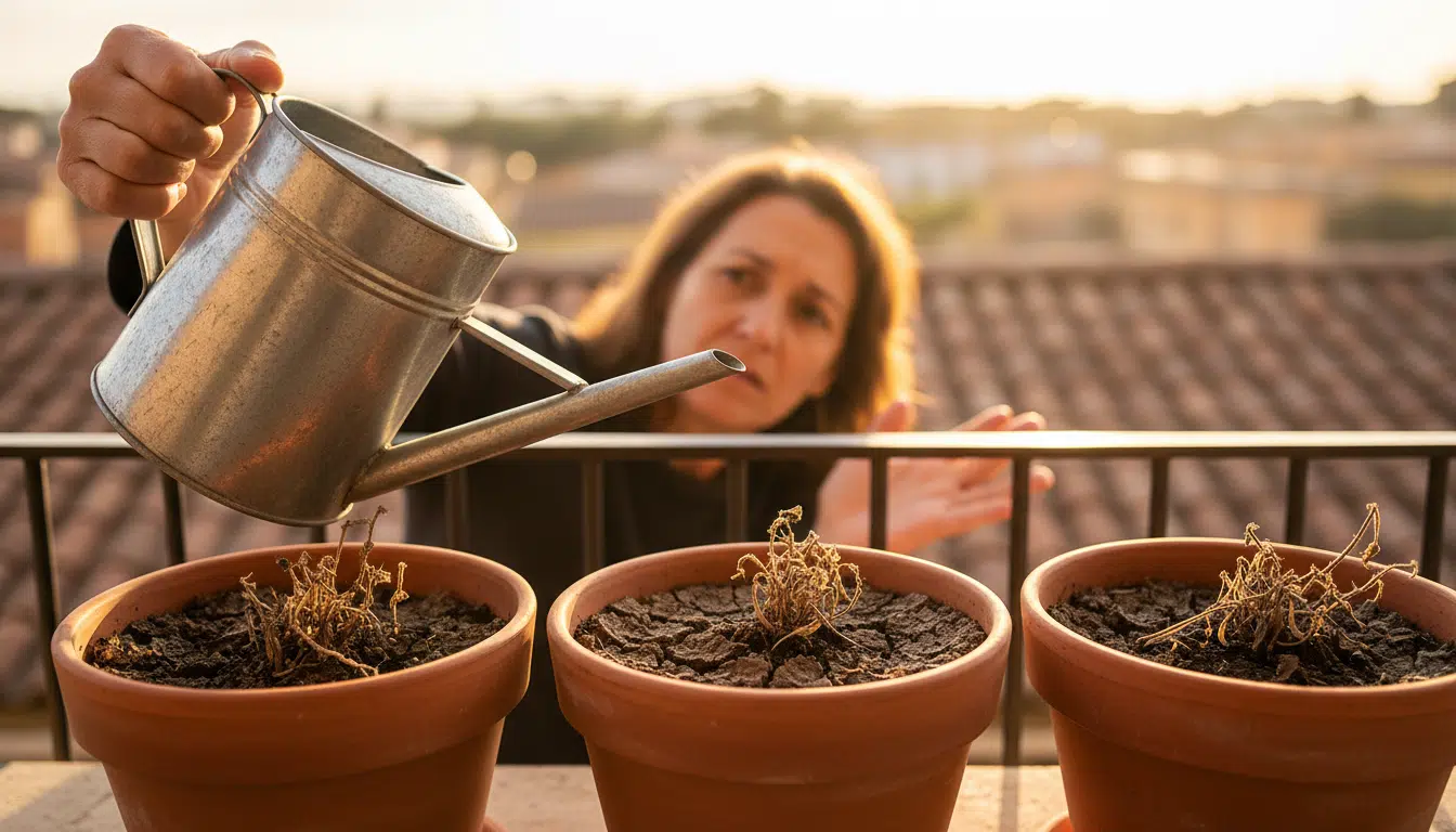 Jardinier hésitant à arroser ses plantes en pot