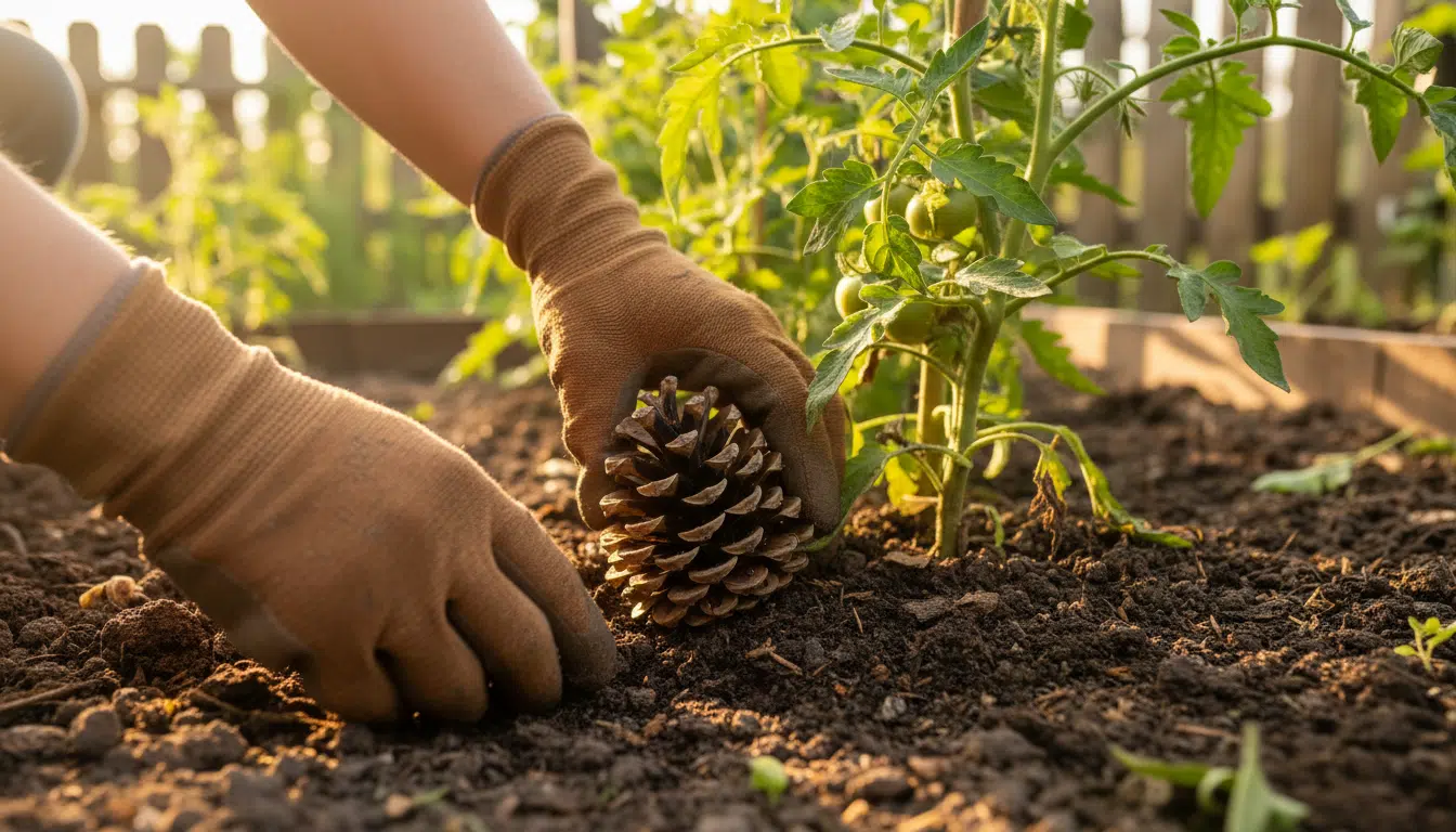 Pomme de pin placée dans la terre du potager