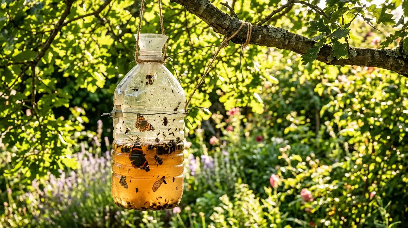 Piège artisanal à frelons avec insectes utiles capturés