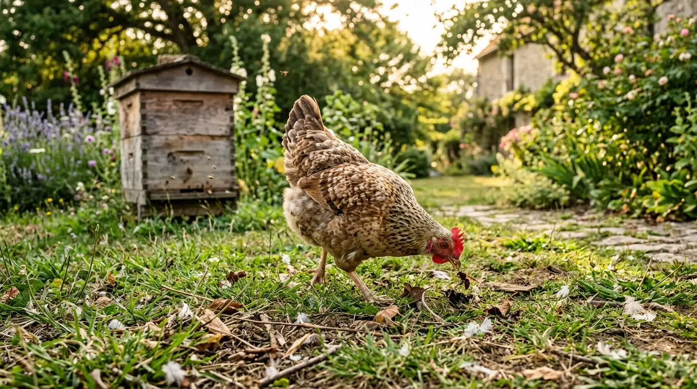 Poule picorant un frelon asiatique au pied d'une ruche
