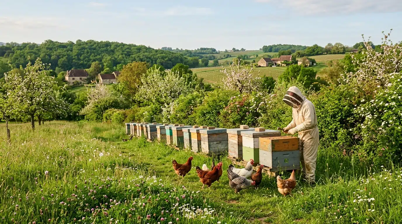 Apiculteur avec poules patrouillant autour des ruches