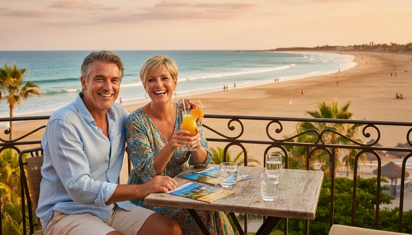Couple en vacances sur une terrasse face à la plage