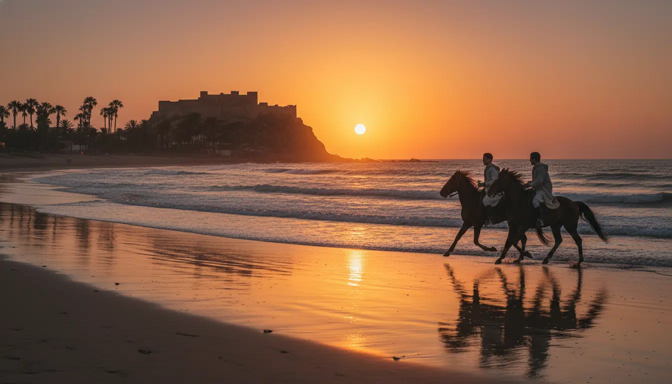 Balade à cheval au coucher du soleil sur la côte d'Agadir