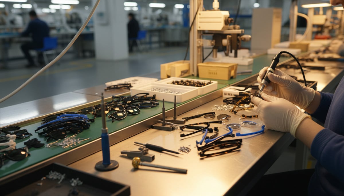 ouvrier assemblant des montures de lunettes en usine