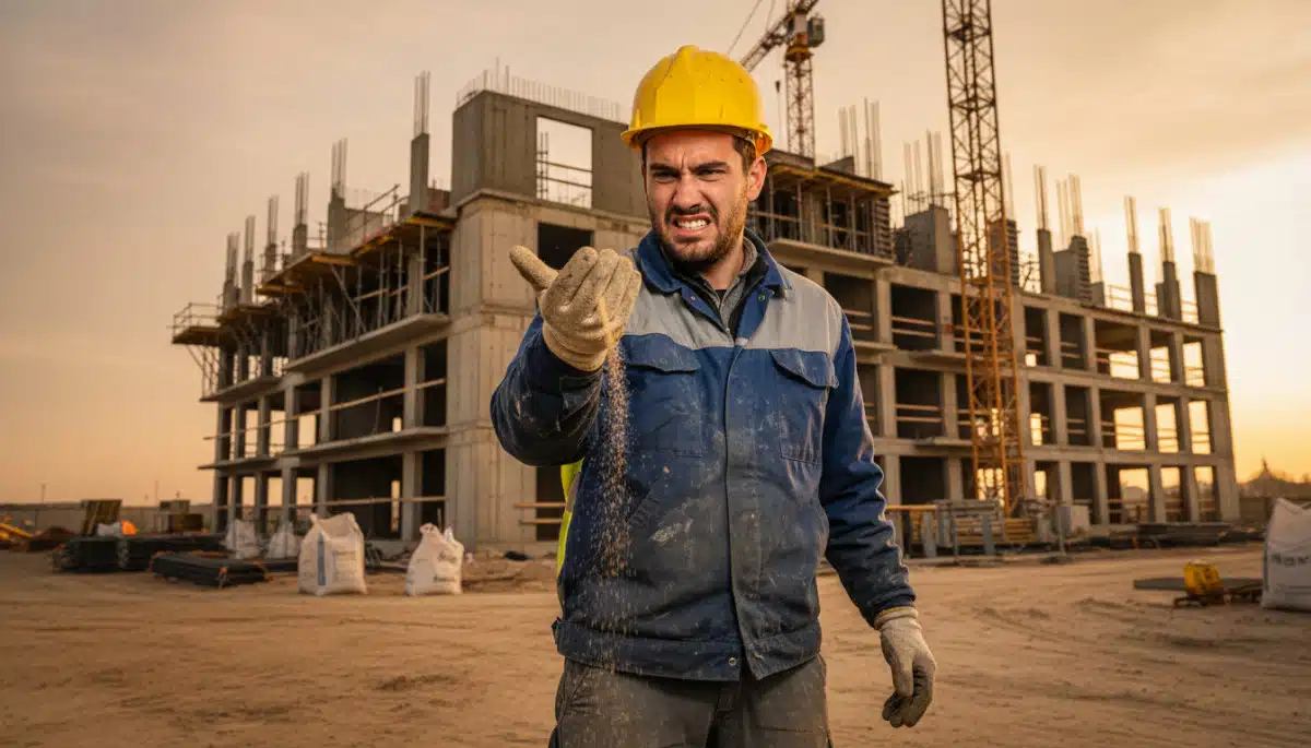 Ouvrier du bâtiment examinant du sable sur un chantier de construction