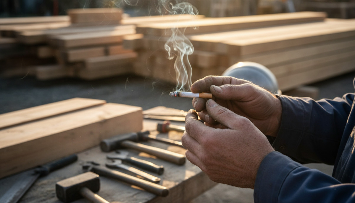 Ouvrier en pause cigarette sur chantier