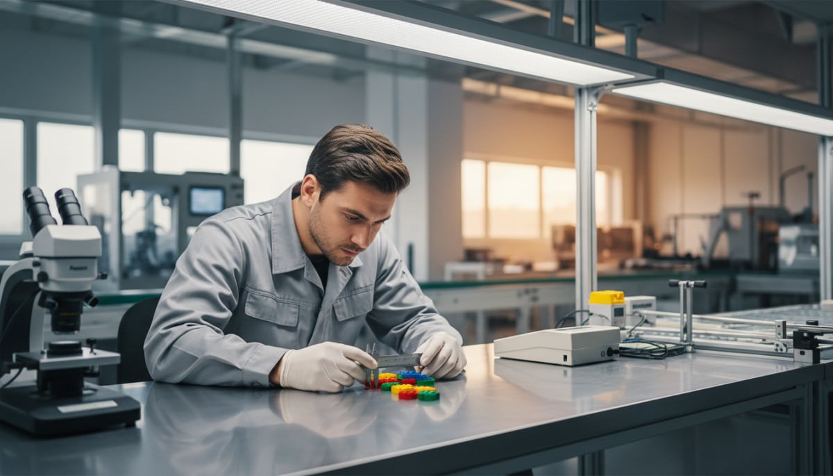Ouvrier inspectant des briques Lego en usine avec précision