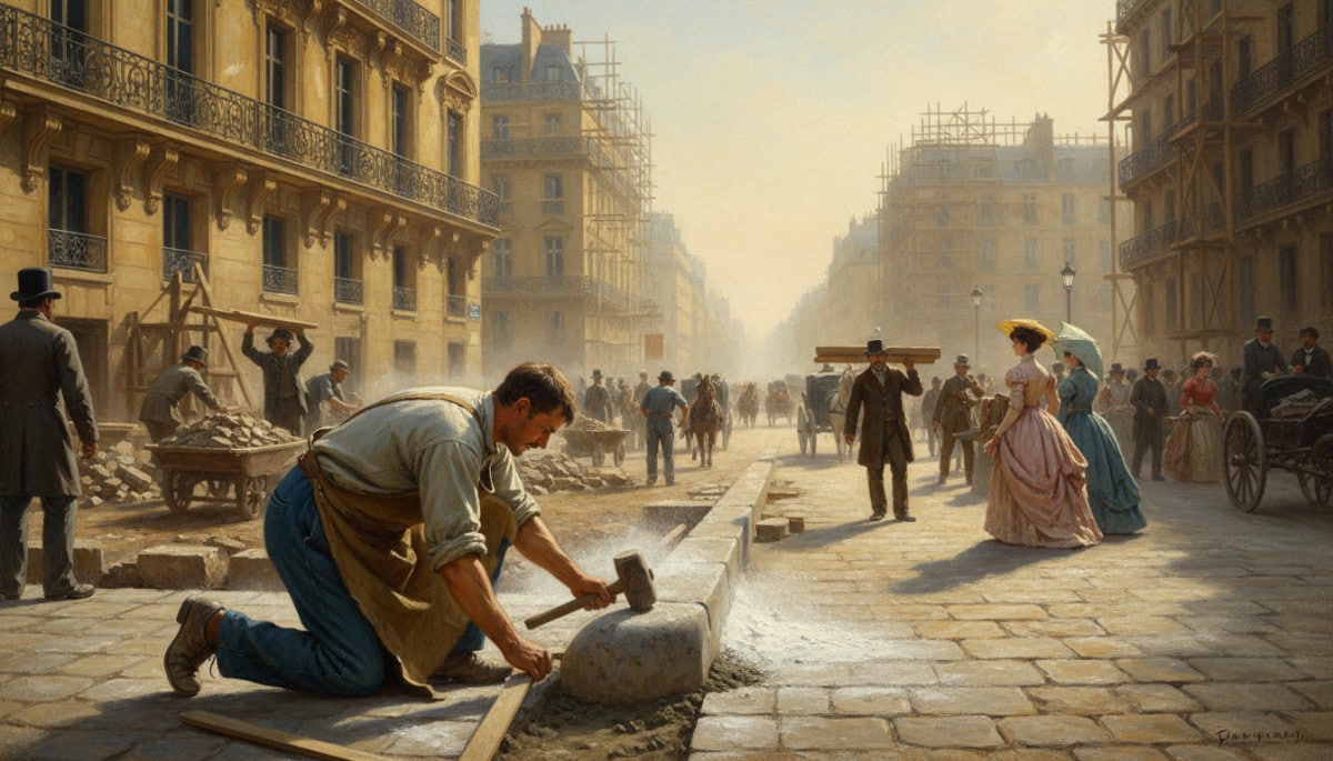 Ouvrier installant des bornes de trottoir sous Haussmann