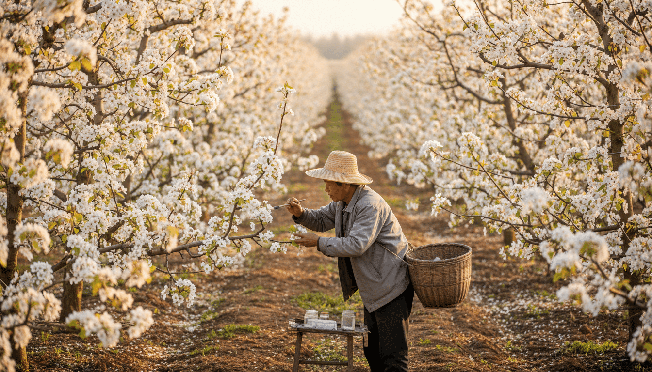 Ouvrier pollinisant à la main des fleurs de poirier en Chine