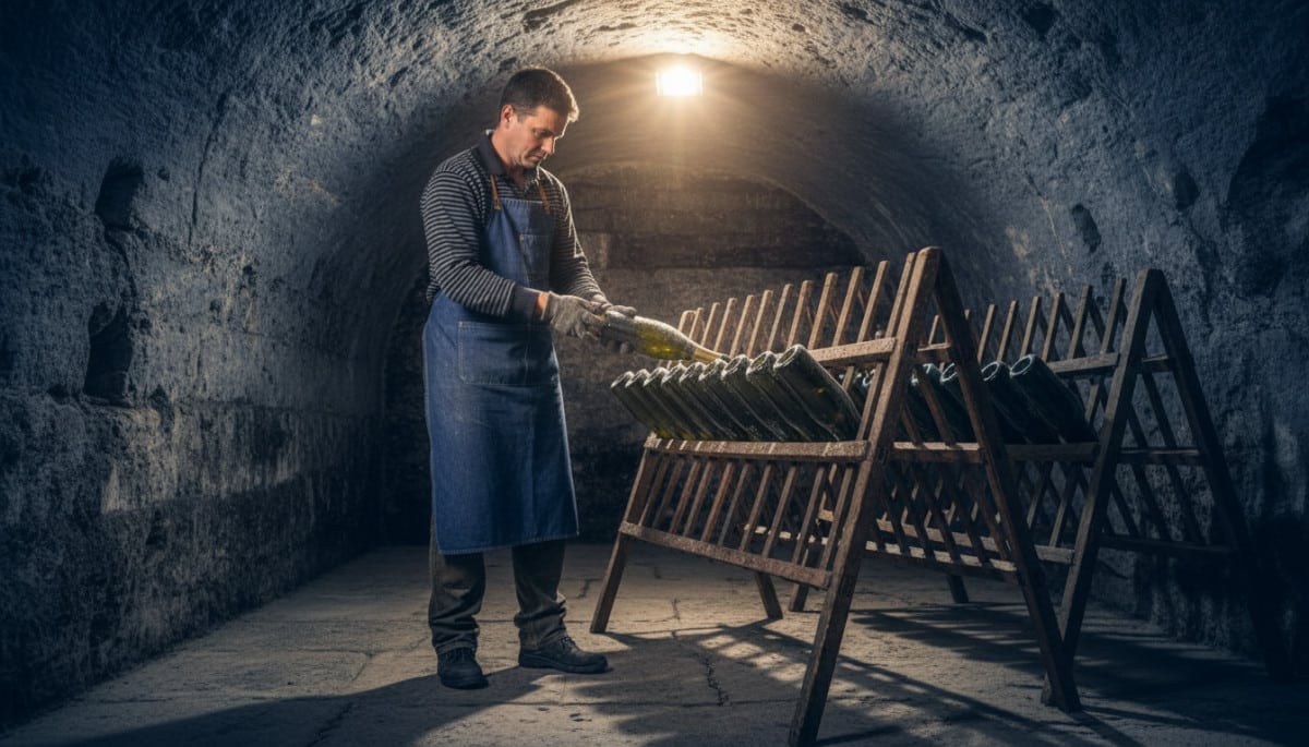 Ouvrier viticole retournant des bouteilles sur pupitres