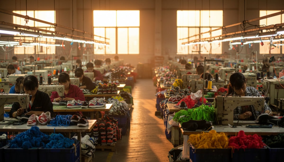 Ouvriers assemblant des baskets dans une usine asiatique