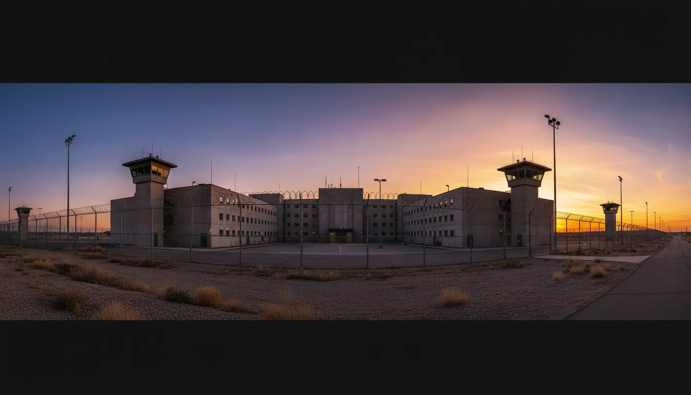 Façade d'un établissement pénitentiaire fédéral au coucher du soleil, évoquant la détention de Sean Combs dans le New Jersey