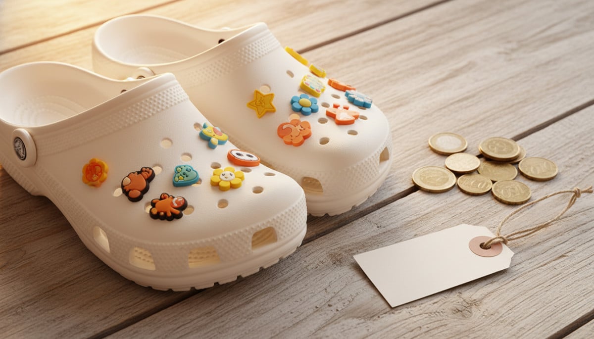 Paire de Crocs décorée de Jibbitz avec des pièces de monnaie