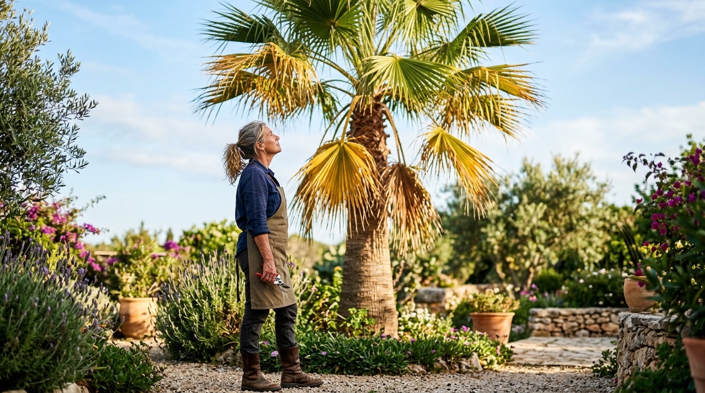 Jardinier hésitant à tailler un palmier au printemps