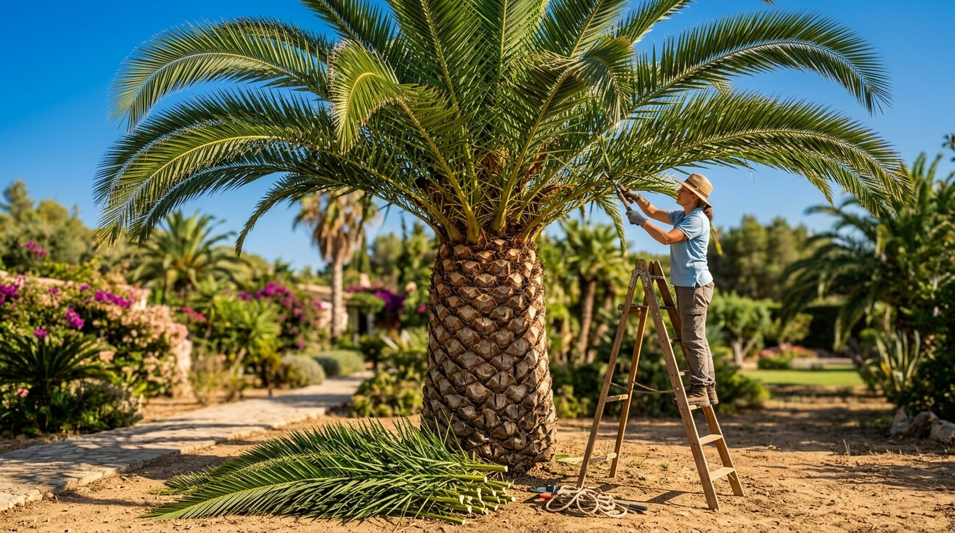 Taille esthétique d'un palmier en plein été