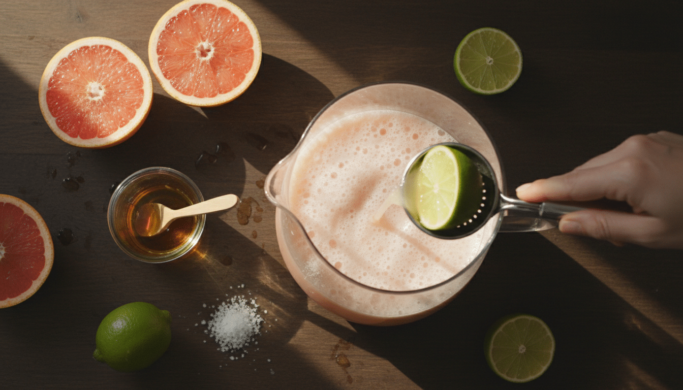 Préparation d'une Paloma en pichet avec agrumes et sirop d'agave