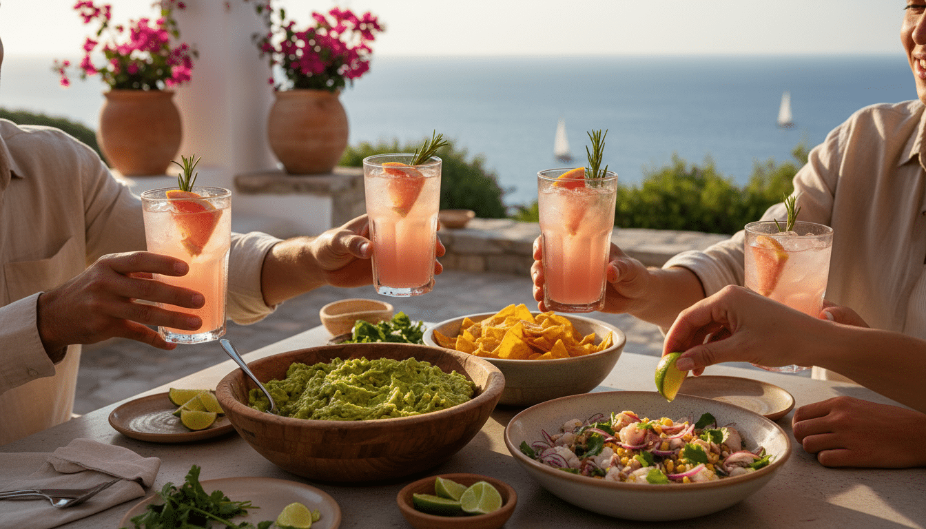 Table apéro printanière avec Palomas et bouchées mexicaines