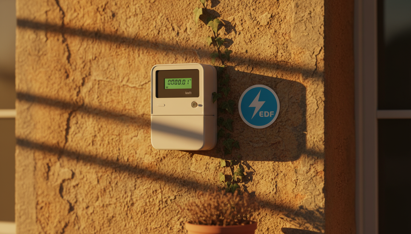 Compteur électrique domestique et logo EDF sur un mur