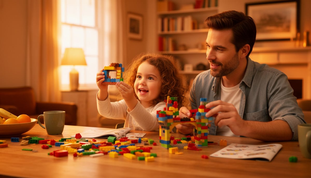 Parent et enfant construisant des Lego ensemble à la maison