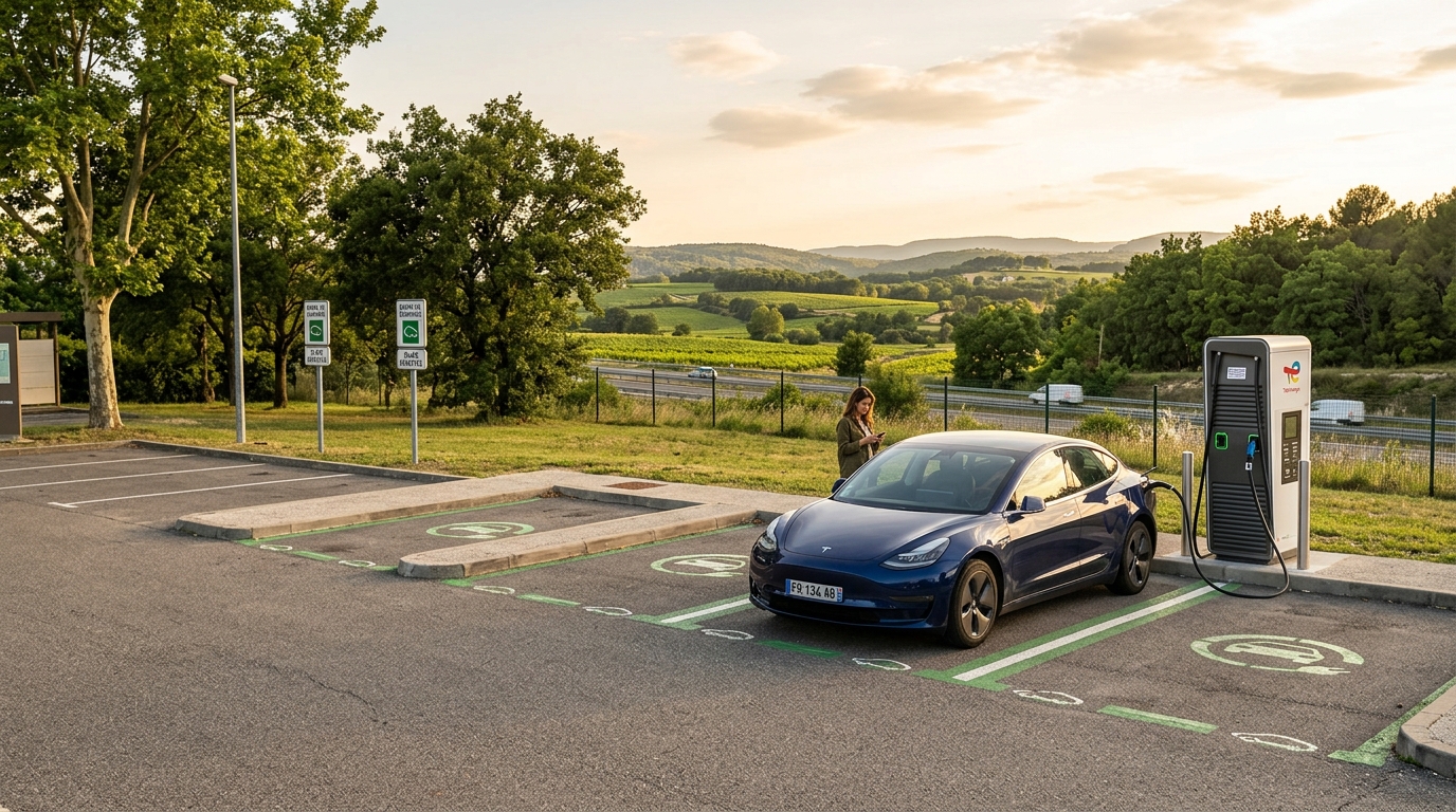 Voiture électrique à une borne de recharge sur autoroute française