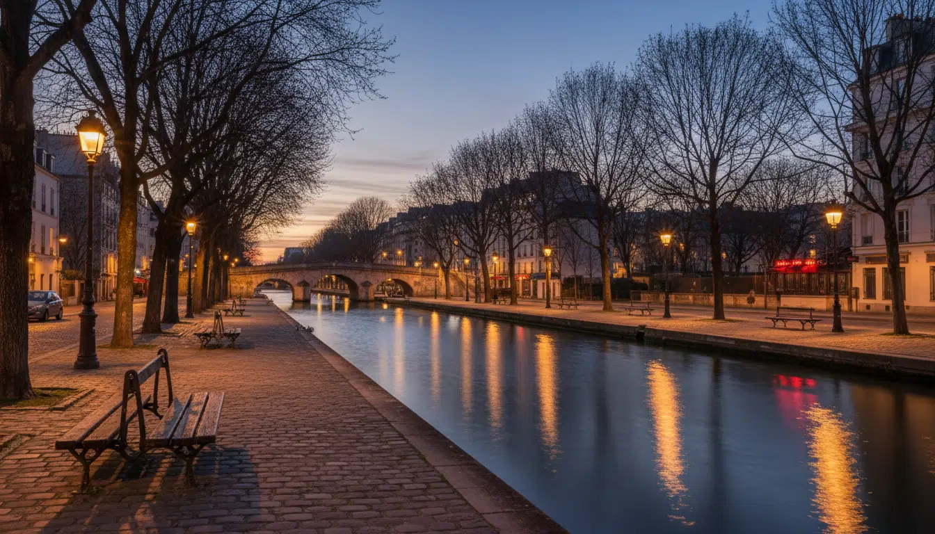 Les berges du canal Saint-Martin à Paris au crépuscule