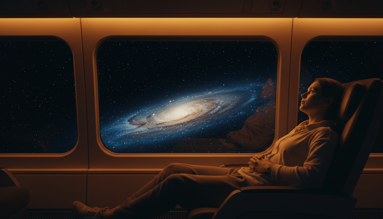 Passager d'avion contemplant la galaxie par le hublot