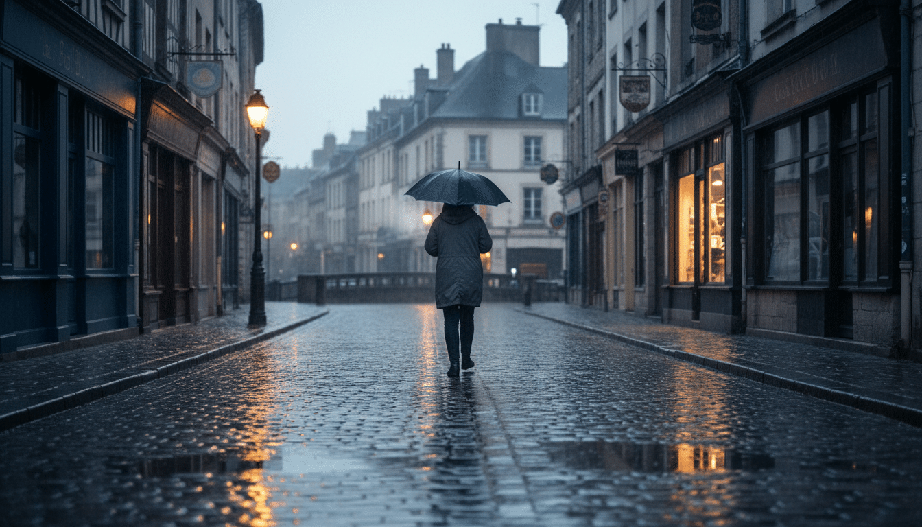 Passante sous la pluie dans le nord de la France