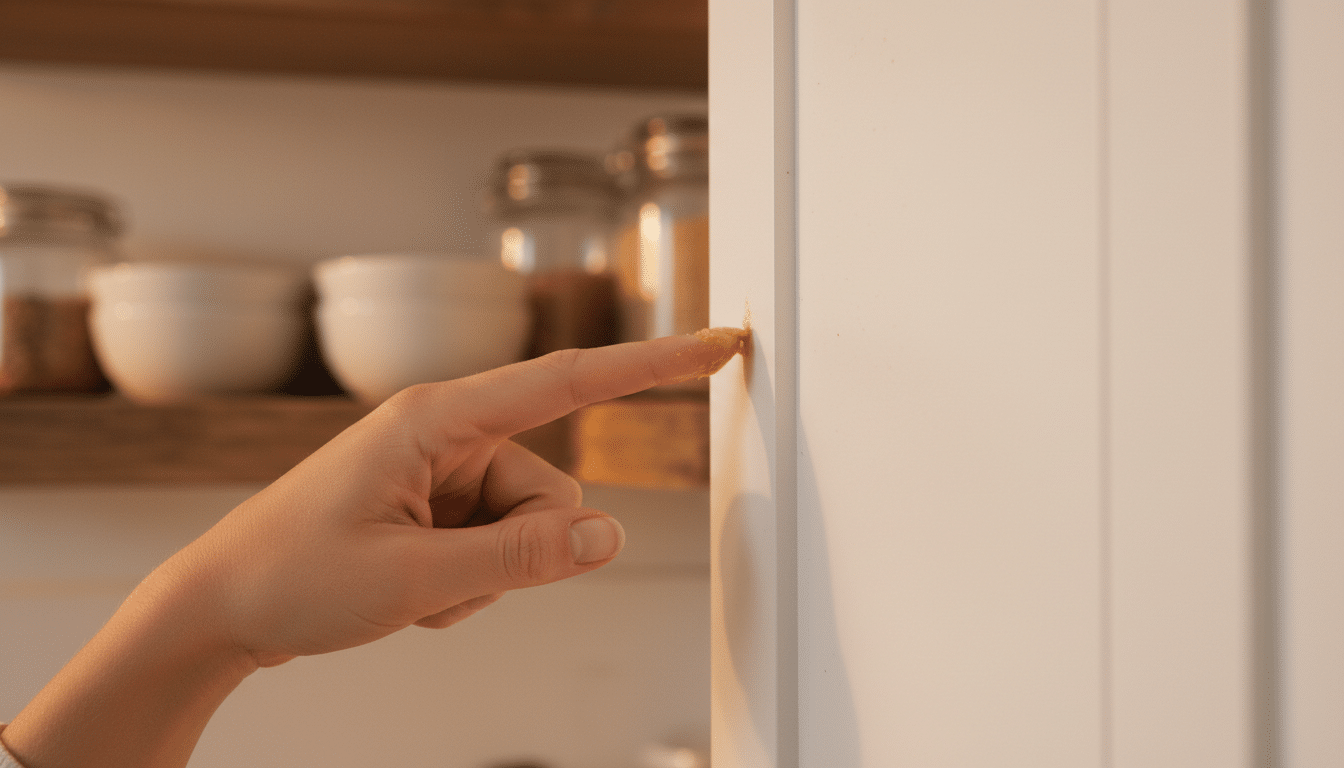 Doigt passé sur un meuble haut de cuisine collant