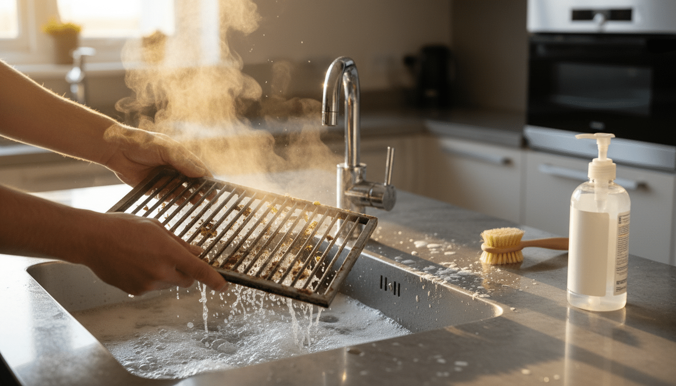 Grilles de hotte en trempage dans eau chaude et bicarbonate