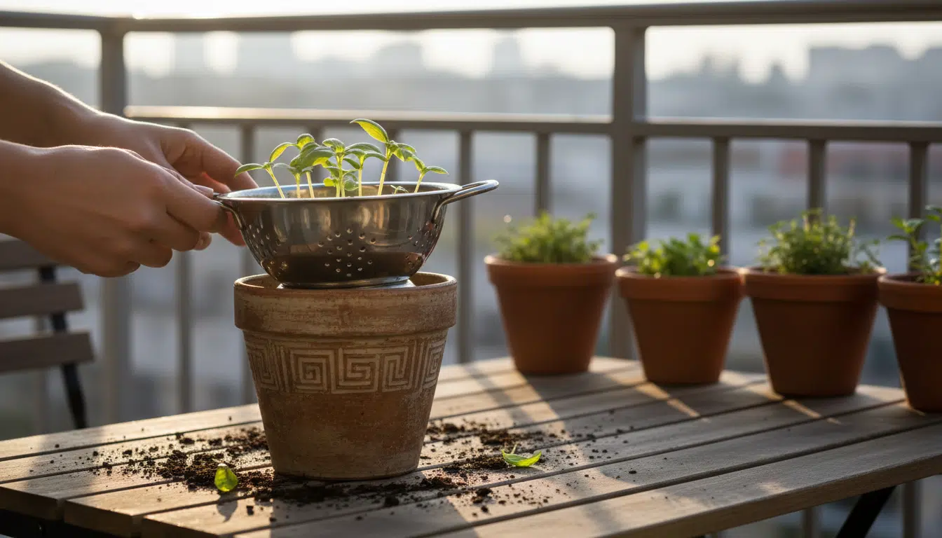 Passoire IKEA IDEALISK placée dans un cache-pot pour le drainage