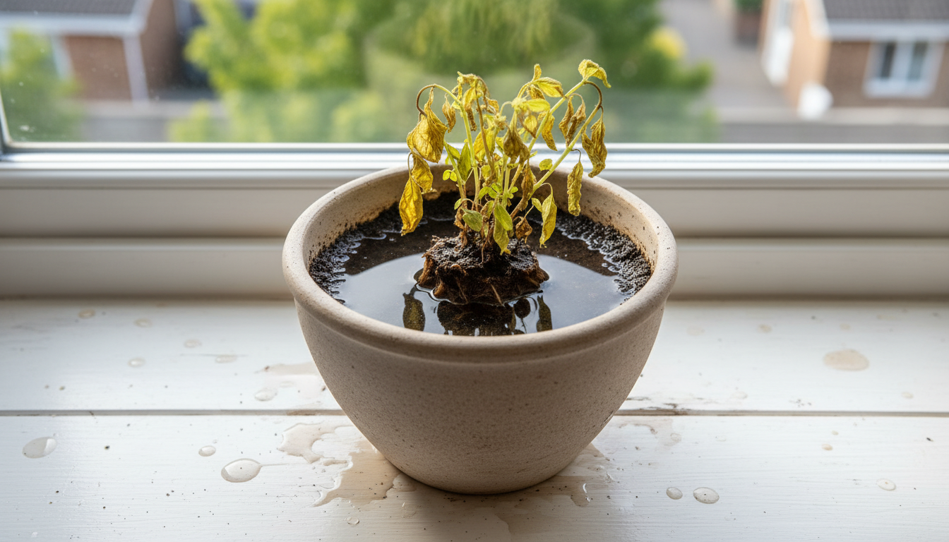 Basilic jauni dans un pot sans drainage sur un rebord de fenêtre