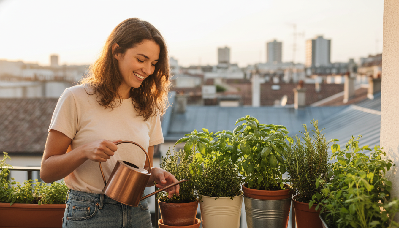Femme arrosant des plantes aromatiques sur un balcon urbain fleuri